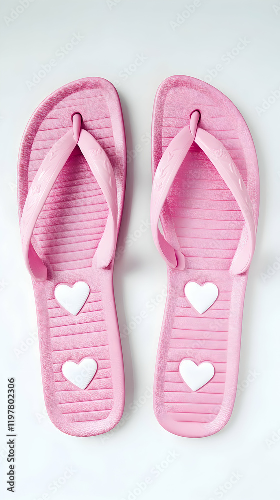 Soft pink flip-flops with heart-shaped design on the straps, isolated on white background Soft pink flip-flops with heart-shaped design on the straps, isolated on white background