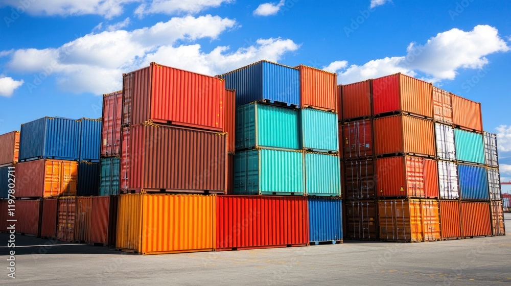 Stacked shipping containers in a port under a clear blue sky. Stacked shipping containers in a port under a clear blue sky.