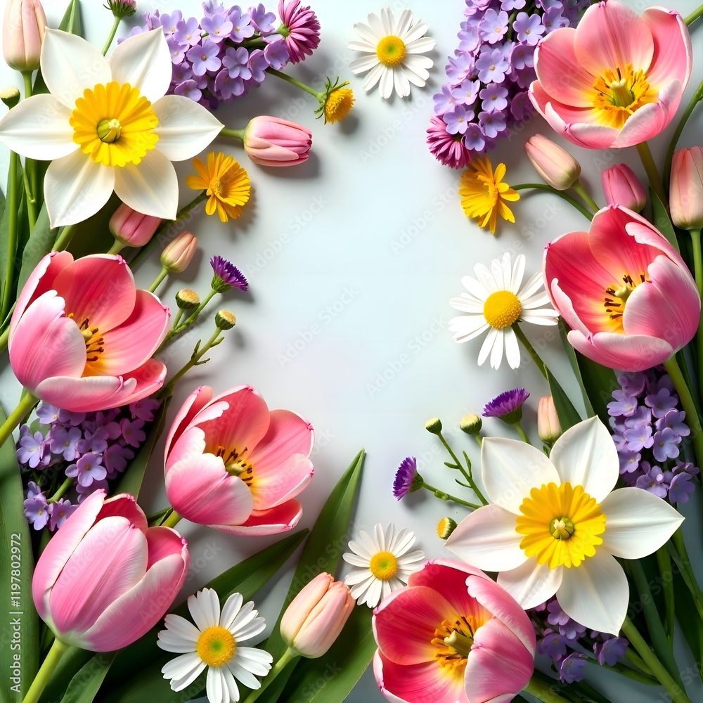 Spring flowers tulips, daffodils, daisies, lilacs on a light background, free space in the center, congratulations Spring flowers tulips, daffodils, daisies, lilacs on a light background, free space in the center, congratulations