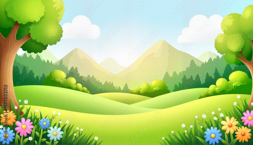 Fototapeta premium Colorful landscape with flowers and mountains
