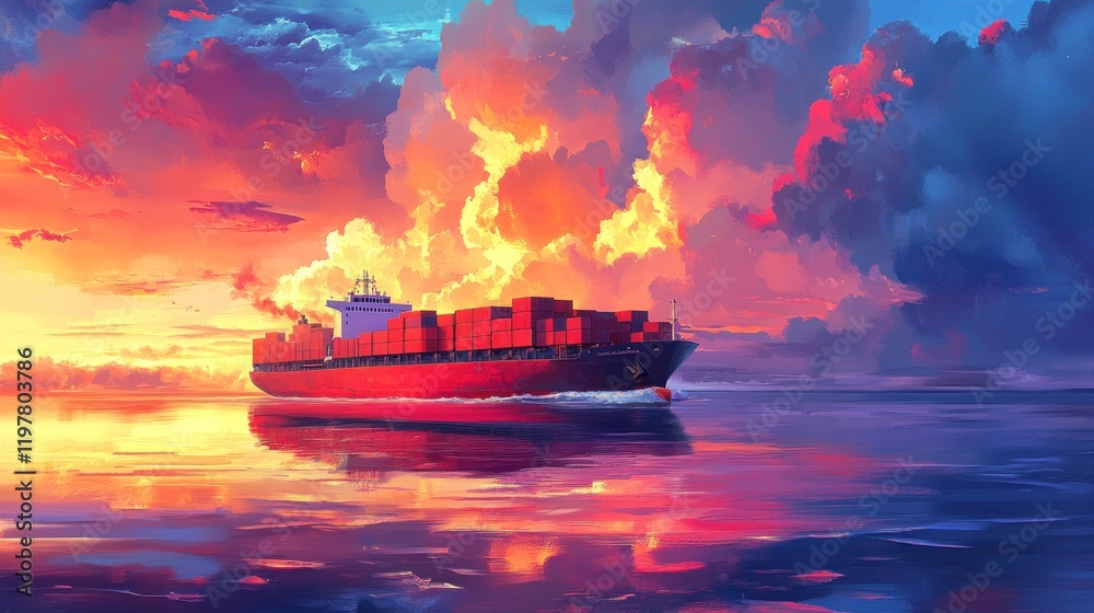 A vibrant cargo ship sailing through a colorful sunset over calm waters. A vibrant cargo ship sailing through a colorful sunset over calm waters.