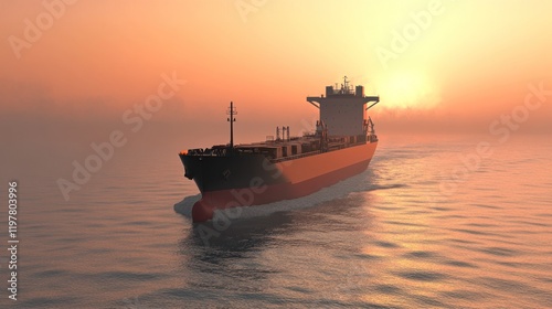 A cargo ship navigating through calm waters at sunset, symbolizing global trade and transport.