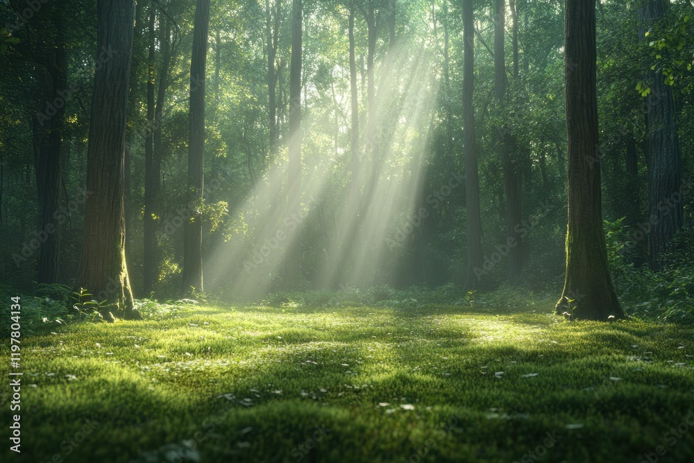 Obraz premium Sunlight filters through trees in a tranquil forest setting during early morning hours