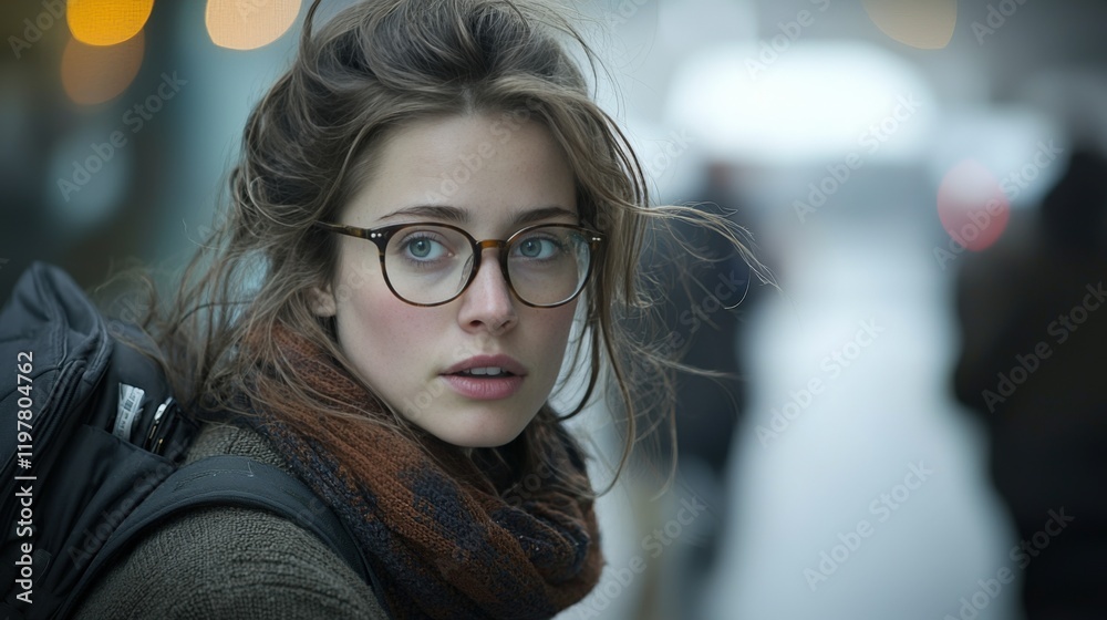 Young Woman with Glasses in City Street