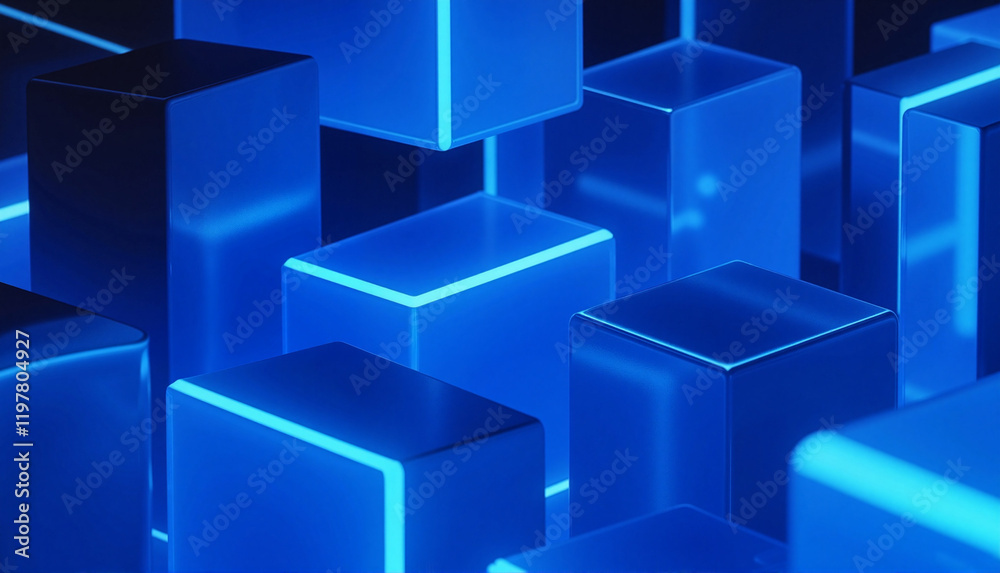 Abstract blue glowing cubes in dynamic arrangement Abstract blue glowing cubes in dynamic arrangement