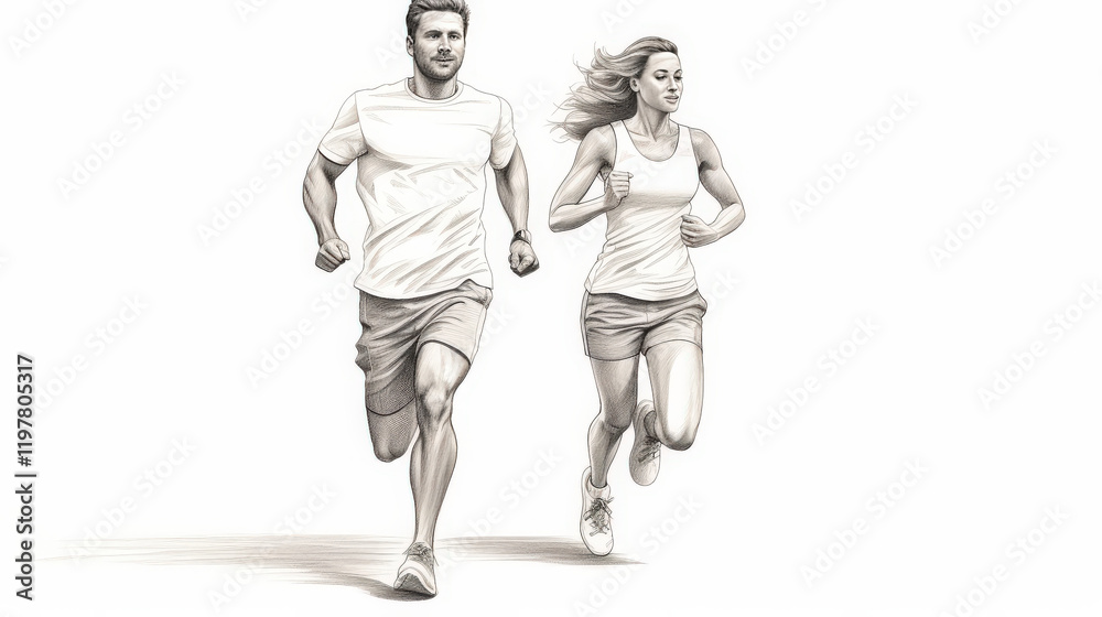 Dynamic Illustration of Two Individuals Running Outdoors in Athletic Attire Showcasing Health and Fitness Lifestyle Concepts in a Minimalist Style Dynamic Illustration of Two Individuals Running Outdoors in Athletic Attire Showcasing Health and Fitness Lifestyle Concepts in a Minimalist Style