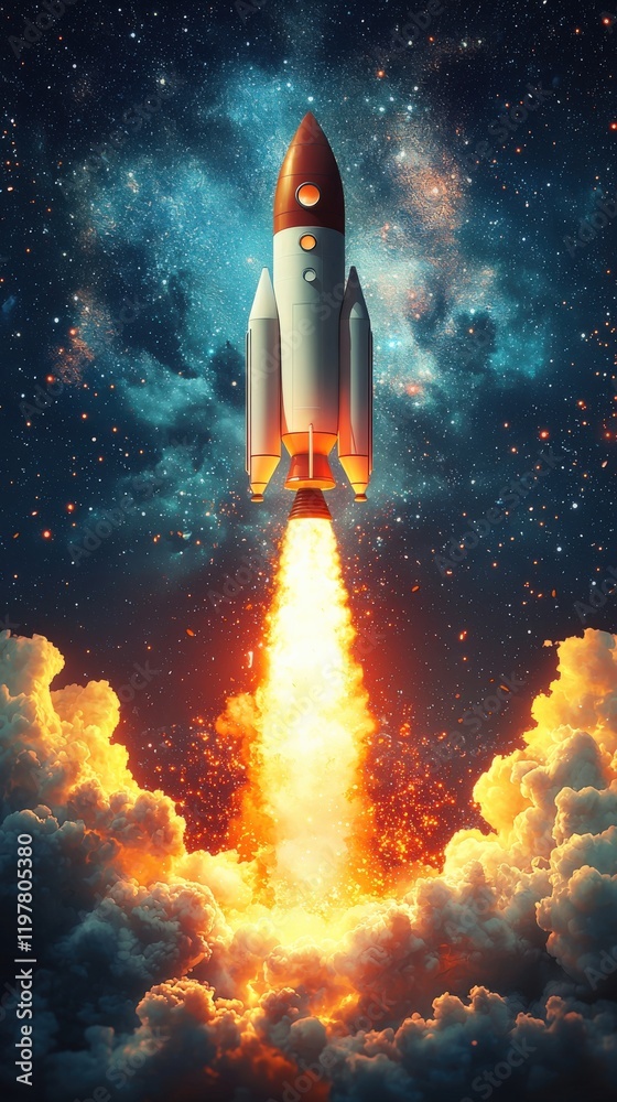 Obraz premium Rocket Launching into a Cosmic Sky