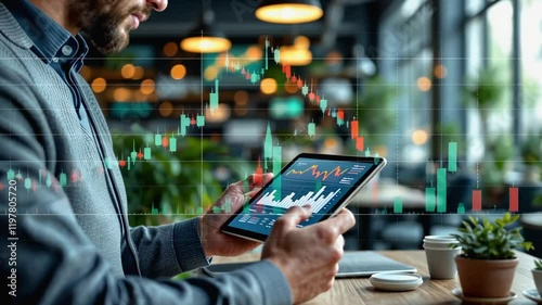 Wallpaper Mural A business professional analyzing financial data on a tablet with glowing digital graphs Torontodigital.ca