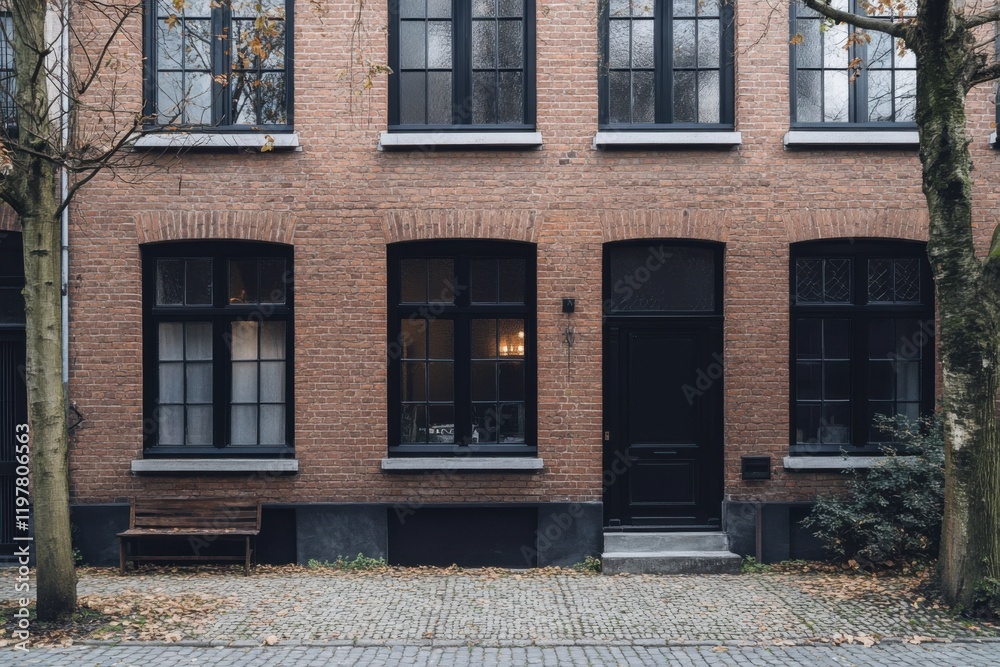 Charming brick house with black doors and windows located on a peaceful cobblestone street surrounded by trees in an urban setting Charming brick house with black doors and windows located on a peaceful cobblestone street surrounded by trees in an urban setting