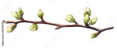 Illustration of a tree branch in watercolor. Close-up of a garden or forest tree segment with green buds. A young spring stick with sprouts, isolated on a white background