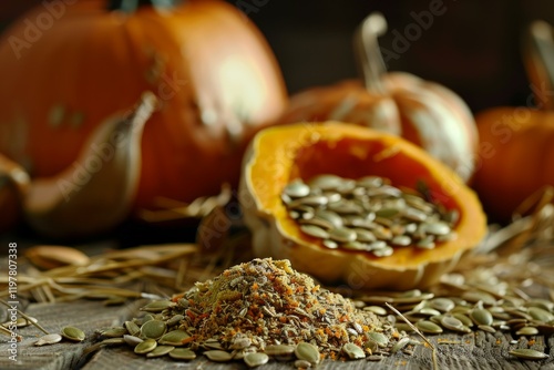 Ground pumpkin seeds and spices create a flavorful autumnal scene on a rustic wooden table, surrounded by fresh pumpkins