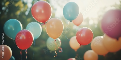 A group of colorful balloons floating in the air, creating an atmosphere filled with joy and celebration for special events like birthday parties or wedding ceremonies. photo