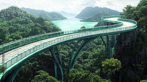 Scenic curved bridge over lush valley, travel poster