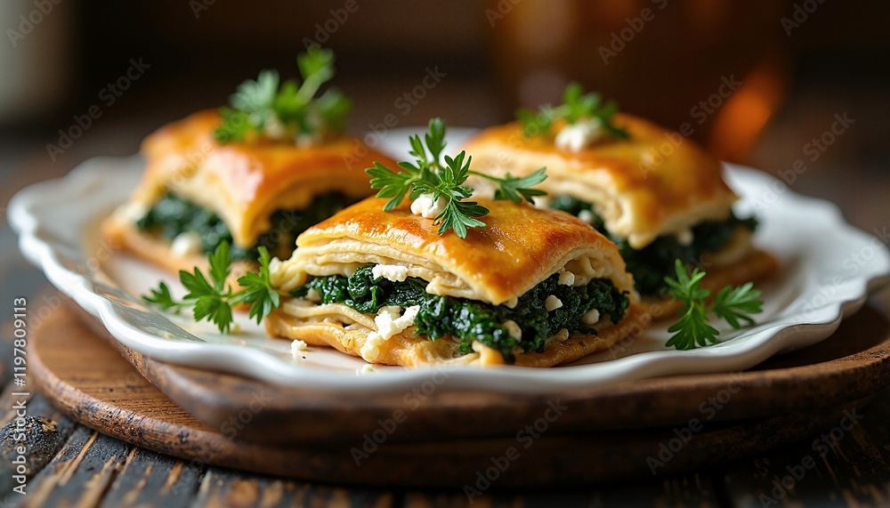A meticulously styled presentation of Spanakopita. A meticulously styled presentation of Spanakopita.