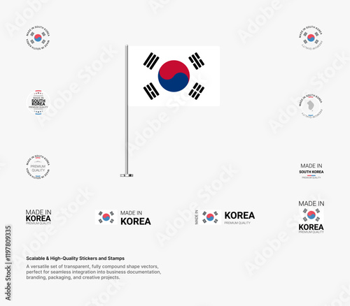 Made in South Korea Stamps, Flag, Tags, labels, Seals, Icons. Creative Designs for Branding and Packaging