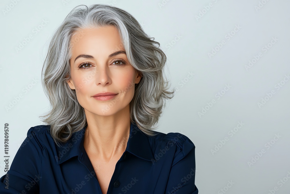 Fototapeta premium A confident older woman with stylish gray hair and a serene expression. She embodies grace and wisdom, showcasing the beauty of aging. Ideal for lifestyle and diversity themes.