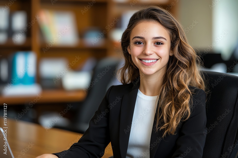 Naklejka premium A young professional woman smiles confidently while seated in a modern office
