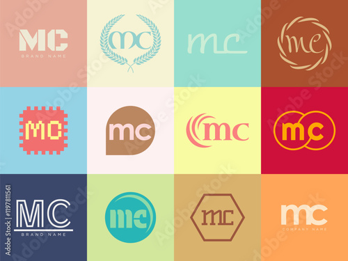 MC logo company template. Letter m and c logotype. Set different classic serif lettering and modern bold text with design elements. Initial font typography.
