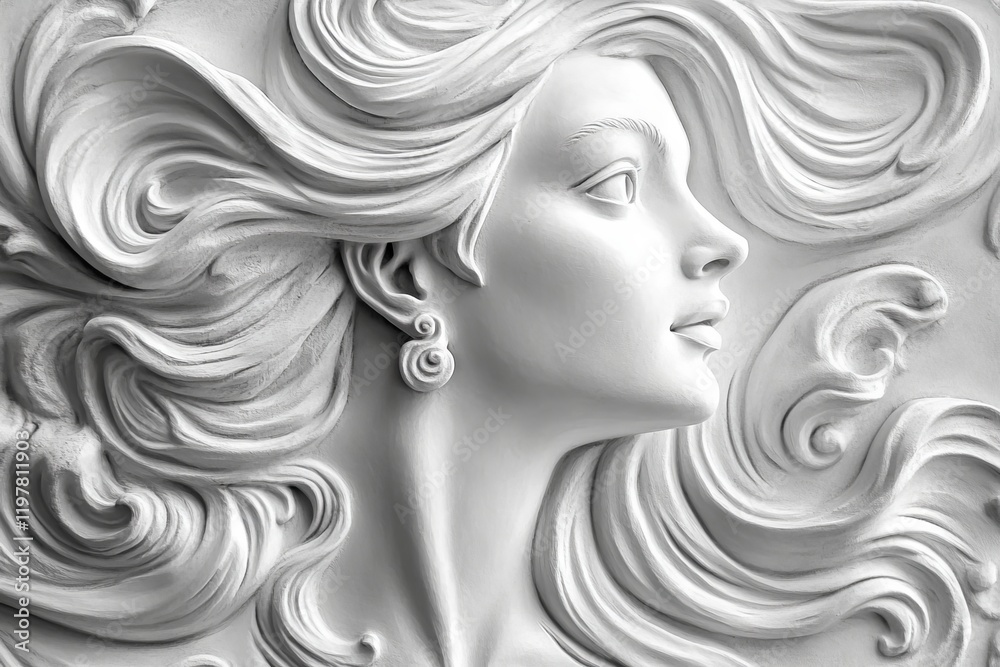 A plaster painting featuring a woman, displayed on a white surface A plaster painting featuring a woman, displayed on a white surface