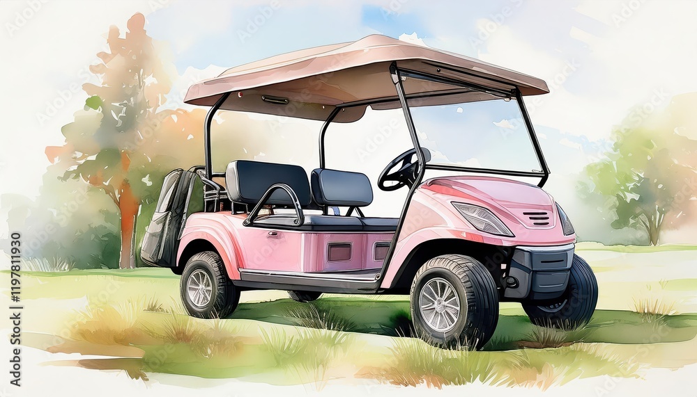 Tranquil Afternoon on a Green Lawn A Stylish Pink Golf Cart with Canopy and Black Seating, Set Against the Backdrop of a Lush, Sunlit Meadow Tranquil Afternoon on a Green Lawn A Stylish Pink Golf Cart with Canopy and Black Seating, Set Against the Backdrop of a Lush, Sunlit Meadow