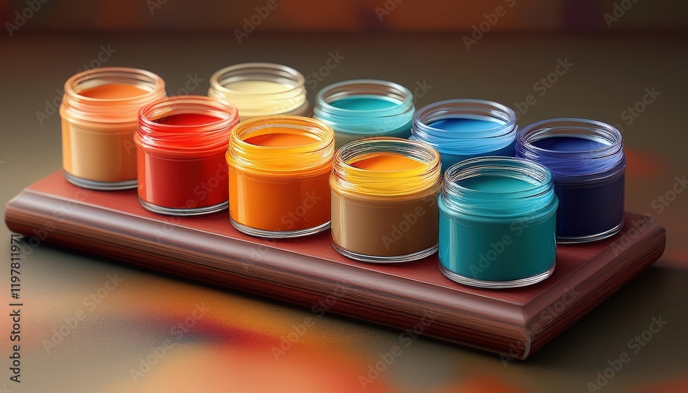 Premium Paint Set in Small Containers on Textured Plinth Vibrant Art Supplies Organized in a Rustic Setting Premium Paint Set in Small Containers on Textured Plinth Vibrant Art Supplies Organized in a Rustic Setting