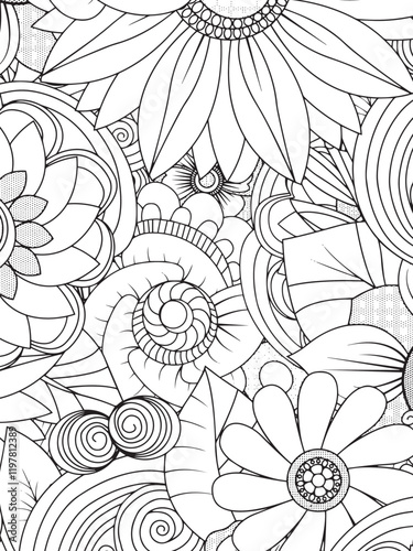Floral Serenity: A detailed monochrome illustration of a whimsical array of flowers and intricate patterns, inviting a moment of creative calm and artistic expression.