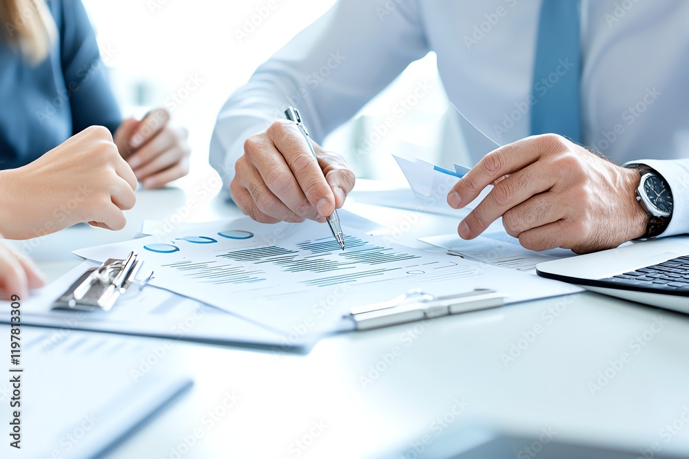 Close-up of business professionals discussing financial charts and graphs during a meeting