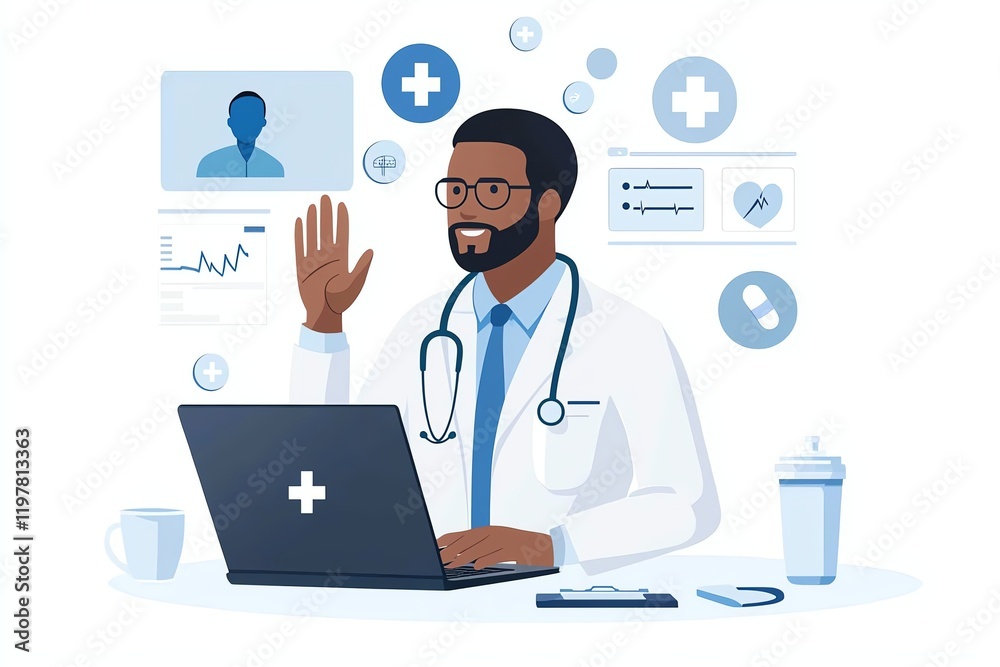 A professional doctor engages in a virtual consultation from his office, welcoming patients through digital means, illustrating modern telemedicine practices in healthcare. A professional doctor engages in a virtual consultation from his office, welcoming patients through digital means, illustrating modern telemedicine practices in healthcare.