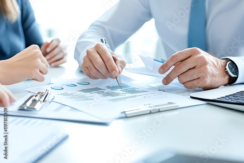 Obraz na płótnie Close-up of business professionals discussing financial charts and graphs during a meeting w salonie