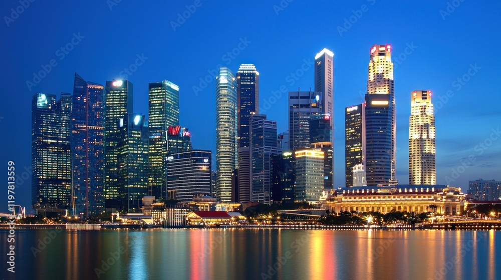 Fototapeta premium Cityscape, twilight, harbor, skyscrapers, reflection, Asia, business, financial district, panoramic, travel