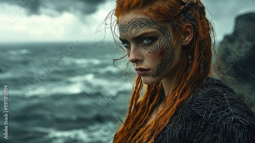 Fierce Viking Warrior Woman with Intricate Face and Body Tattoos in Diverse Natural Settings, from Stormy Seas to Misty Forests, Showcasing Strength, Beauty, and Battle Readiness photo