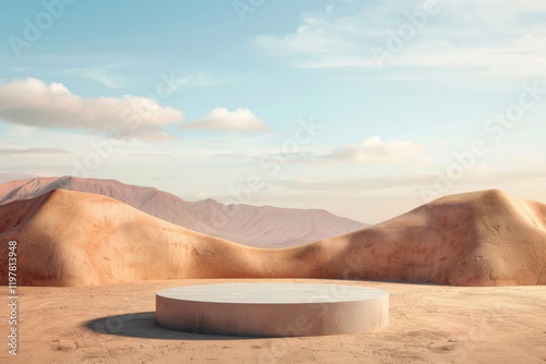 A clean, minimalist podium set against a vast desert backdrop, perfect for showcasing products with a bold, modern touch.