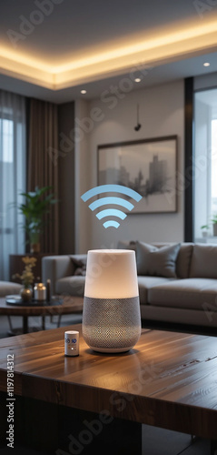 home automation, smart wifi virtual assistant device on a coffee table top of luxury living room 