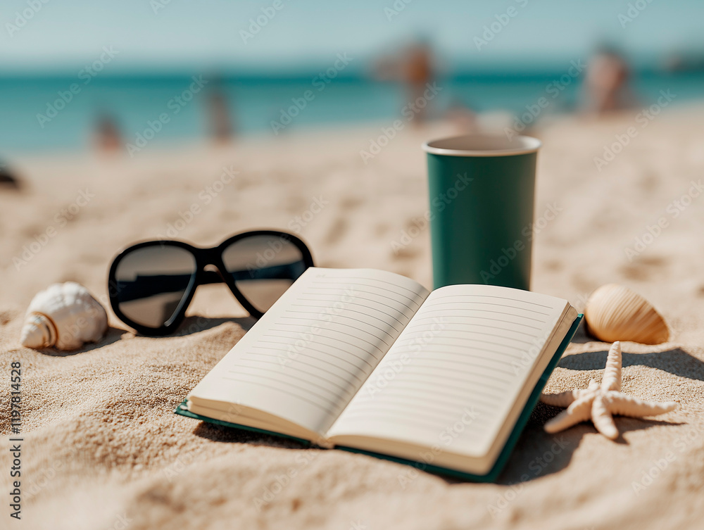Beach Relaxation with Notebook and Seashells Beach Relaxation with Notebook and Seashells