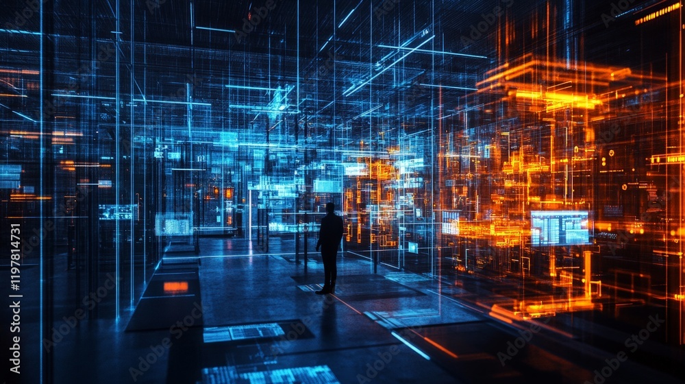 Obraz premium Futuristic Data Center with Neon Lights and Digital Visualization
