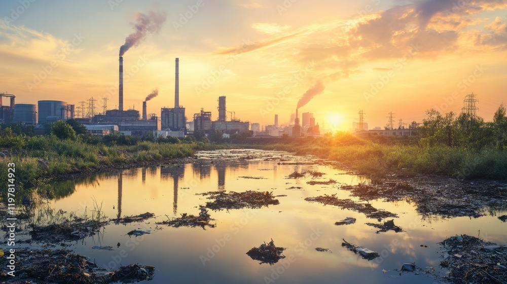 Naklejka premium Industrial Pollution Reflects in Sunset River Water