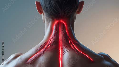 High-contrast shot of glowing crimson trapezius muscles, golden-toned skin, and subtle shoulder blade definition, set against a serene ombre background. photo