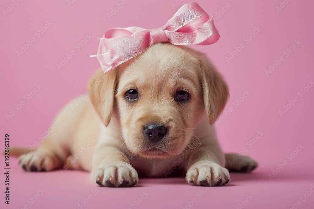 Adorable golden labrador puppy wearing a pink bow lying on a pink background Adorable golden labrador puppy wearing a pink bow lying on a pink background