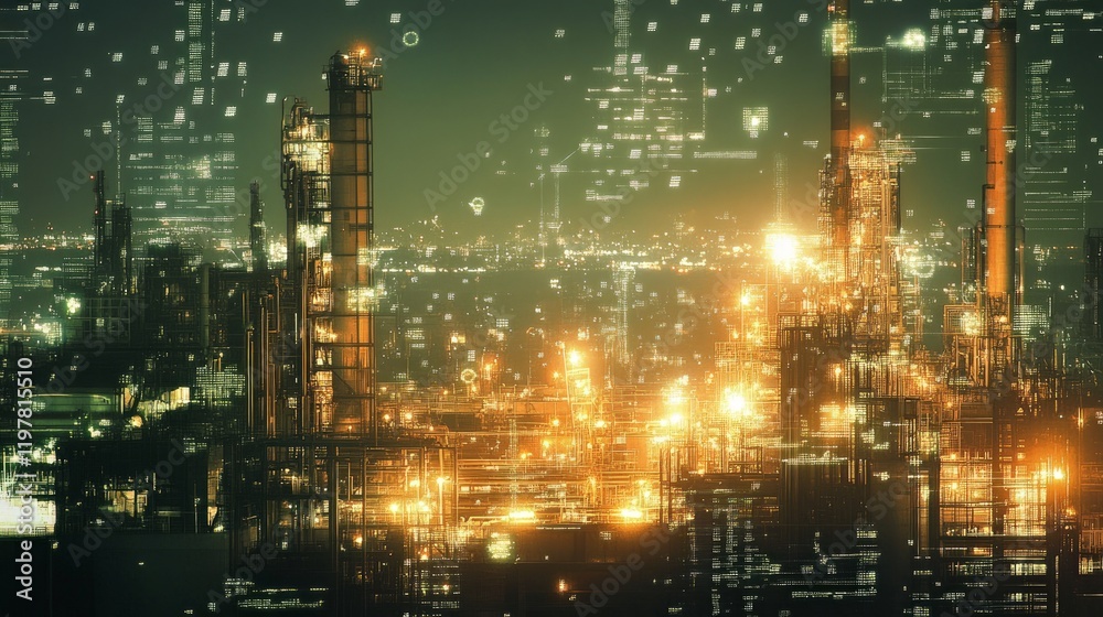 Fototapeta premium Abstract View of Industrial Cityscape with Lights and Data Overlay