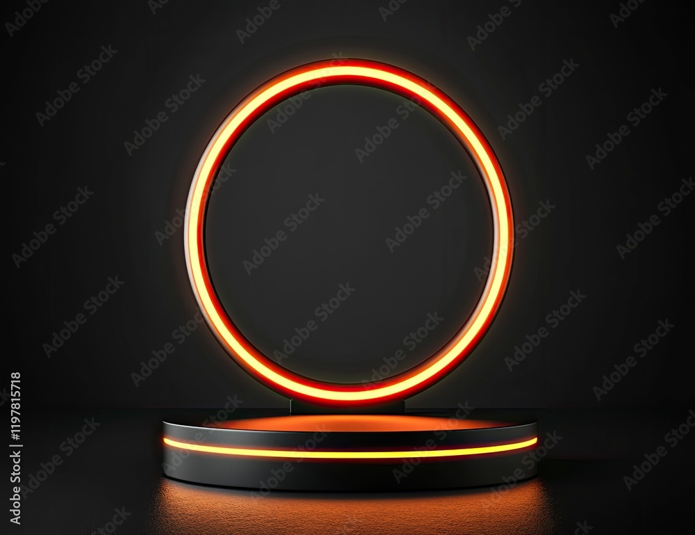 Abstract black background with a podium for product presentation, a glowing orange ring light on a dark grey background. Abstract black background with a podium for product presentation, a glowing orange ring light on a dark grey background.