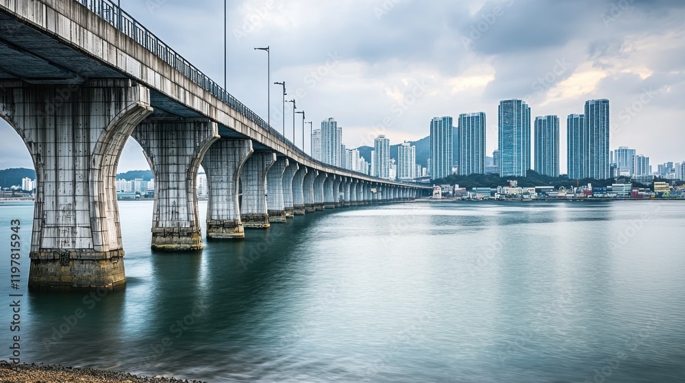 Coastal city bridge, long exposure, cityscape backdrop, travel Coastal city bridge, long exposure, cityscape backdrop, travel