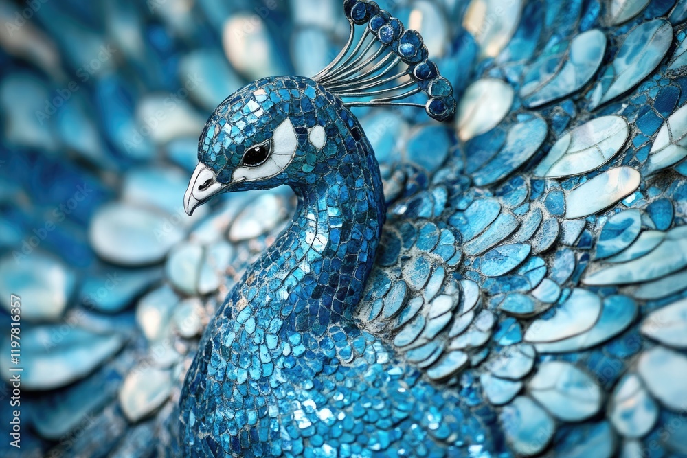 Fototapeta premium A stunning mosaic peacock, crafted from vibrant blue and white tiles, showcases intricate detail and artistry.