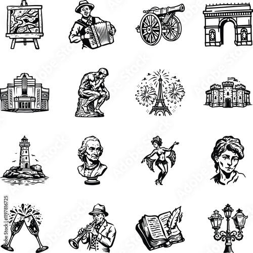 Collection of 16 French Doodle Icons 