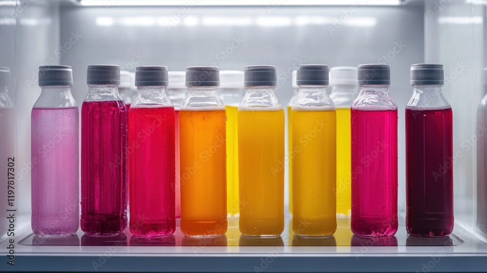 A variety of colorful bottled drinks arranged in a refrigerator. A variety of colorful bottled drinks arranged in a refrigerator.