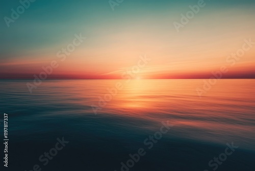 Serene sunset over calm ocean waters, painting the sky with vibrant orange and teal hues. photo