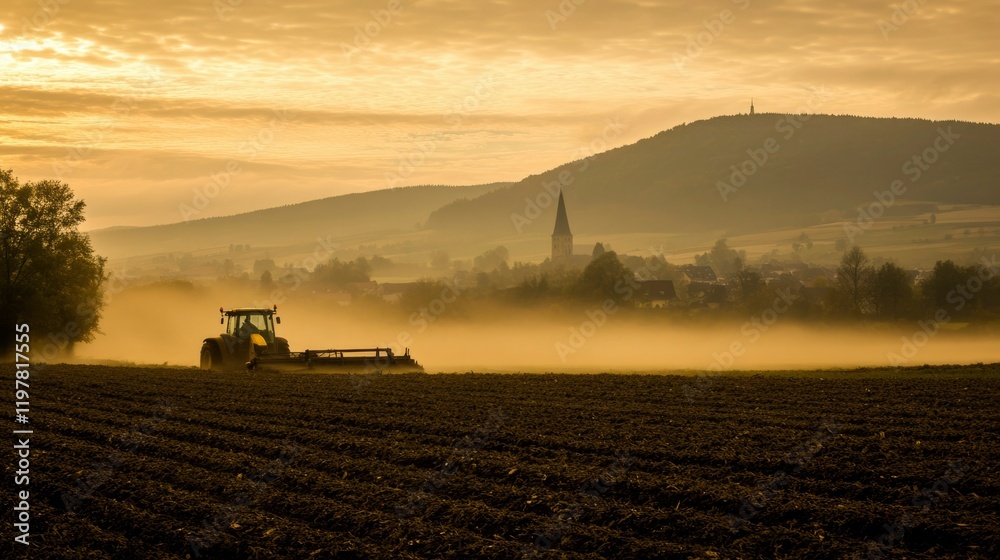 Fototapeta premium Tractor Plowing Field at Sunrise Rural Landscape