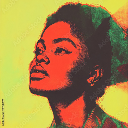 Retro Risograph portrait of a black woman in red, green, and yellow for Black History Month photo