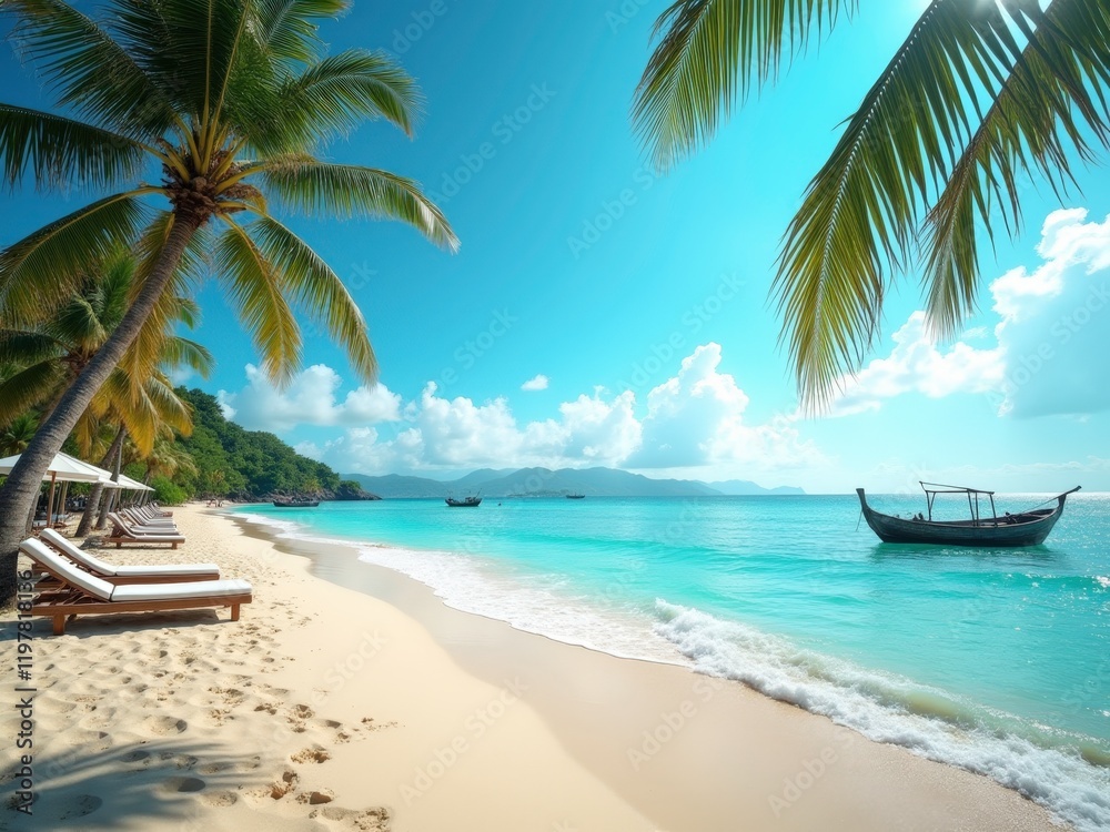 Obraz premium A bright sun shines over a tranquil beach with waves gently lapping the shore. The clear blue sky and sparkling water create a serene, inviting scene