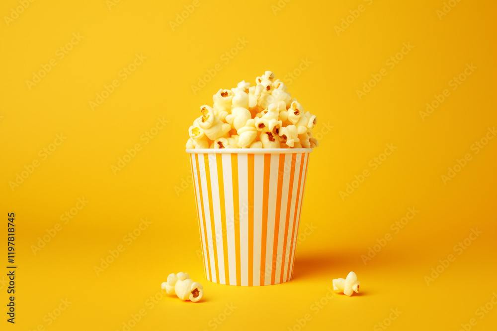 Minimalistic composition of popcorn scattered on a vibrant yellow background, evoking a fun and playful atmosphere. cinema, film events, fun activities, and minimalist designs