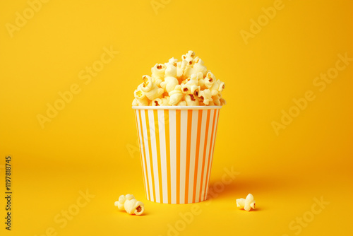 Obraz na płótnie Minimalistic composition of popcorn scattered on a vibrant yellow background, evoking a fun and playful atmosphere. cinema, film events, fun activities, and minimalist designs w salonie